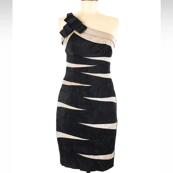 London Times Black & Shimmer Tan Bondage Holiday Bow One Shoulder Dress Size 6 S - Picture 1 of 5